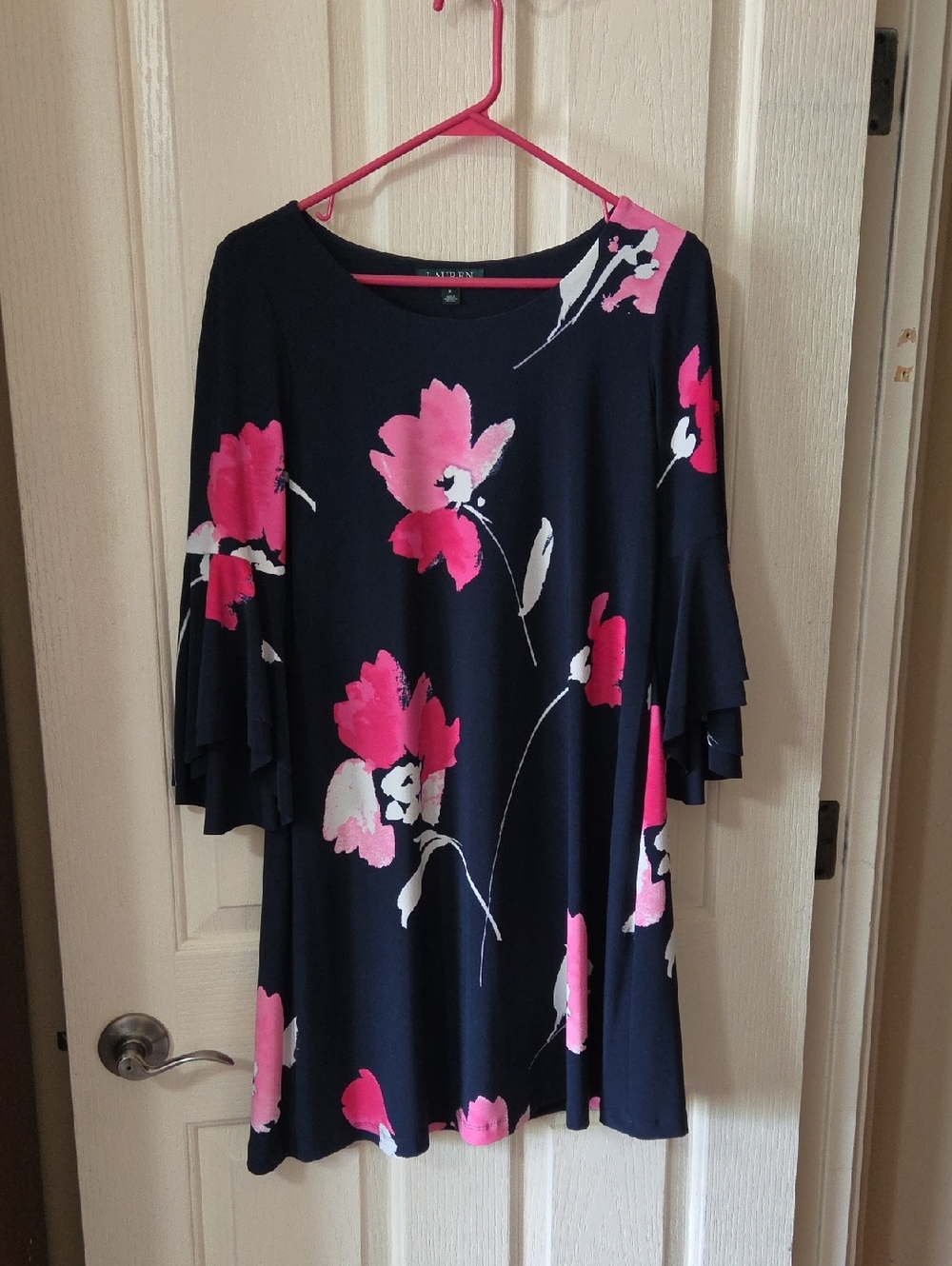 Ralph Lauren Navy Dress with Pink Floral Print and Tiered Sleeves